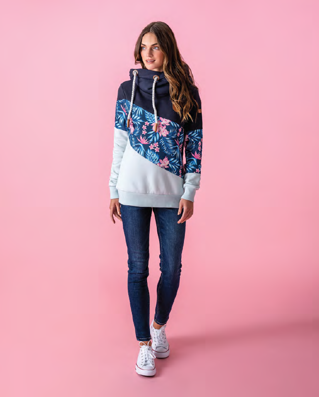 "Selene" Large Collar Hoodie |  Navy/Tropical Mix